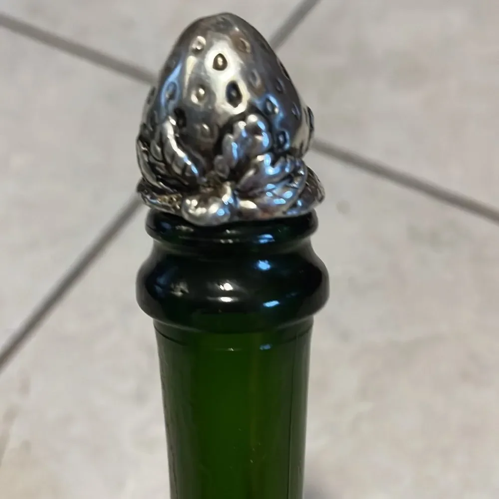 Vintage Segura Viudas glass dark green empty vine bottle with lid, Pewter decor.